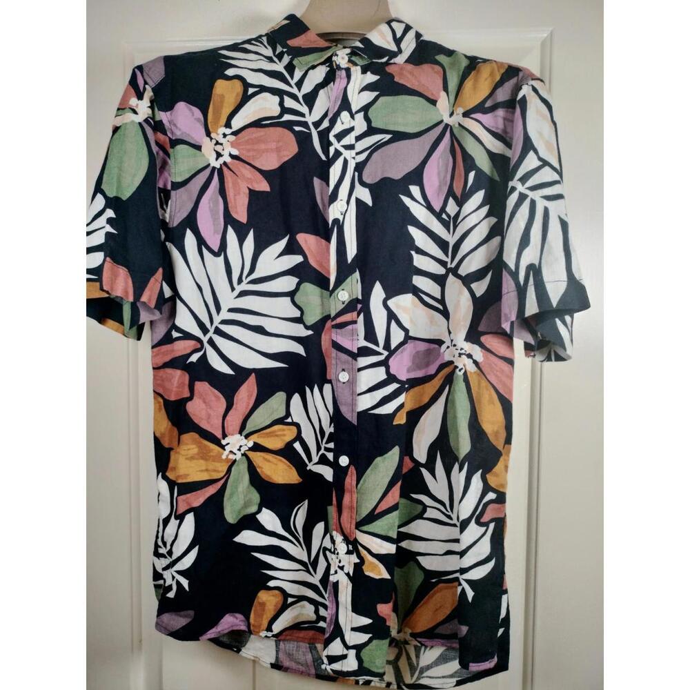 M&S Men’s Black Floral Linen Short Sleeve Shirt - Regular Fit - Tropical Size M